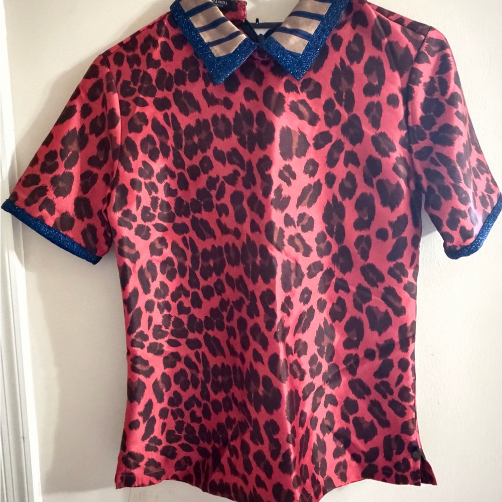Scotch & Soda Red Leopard Print Satin Top with Blue Glitter Collar